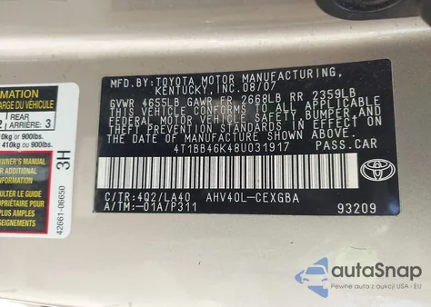 2008 Toyota Camry Hybrid Hybrid z USA, uszkodzony, nr VIN 4T1BB46K48U031917